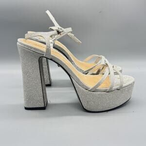 Schutz Sandals Womens 10 Silver Glitter Platform Block Heel Strappy Dress Heels